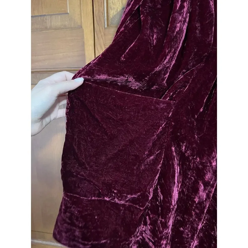 Free People Women's Choose Me Velvet Mini Dress Burgundy Babydoll Boho Size M